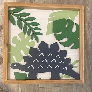 Wooden Dinosaur Wall Art with Green Leaves